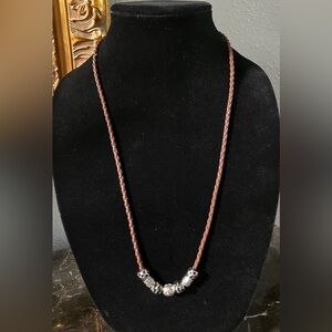Elegant Silver-Tone and Brown Braided Leather Necklace. 27” long